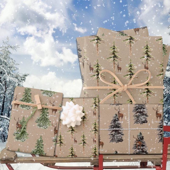 Rustic Kraft Winter Woodland Spruce Tree Reindeer Wrapping Paper Sheet (Rustic Kraft Winter Woodland Spruce Tree Reindeer Christmas Holiday Gift Wrapping Paper Sheets Trio)