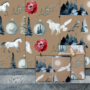 Rustic Kraft Winter Woodland White Horse Fox & Owl Wrapping Paper Sheet