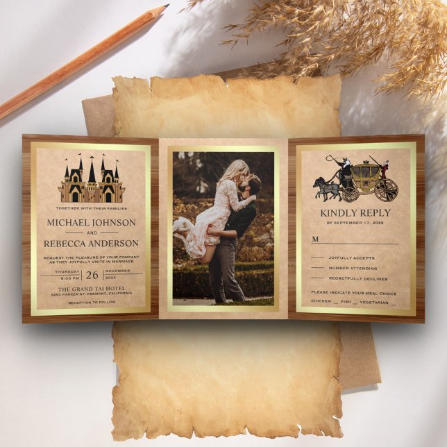Rustic Kraft Wood Fairytale Castle Wedding Photo Tri-Fold Invitation (Creator Uploaded)