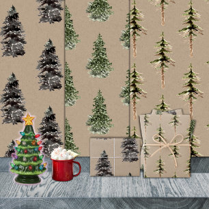 Rustic Kraft Woodland Forest Pine Spruce Trees Wrapping Paper Sheet