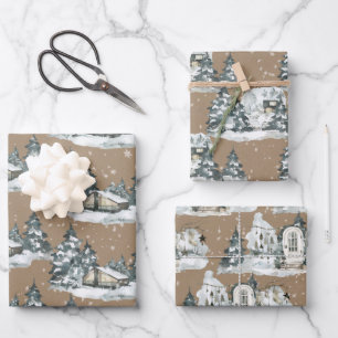 Rustic Kraft Woodland Winter Chalet House Scenes Wrapping Paper Sheet