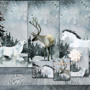 Rustic Kraft Woodland Winter Scene Wolf Stag Horse Wrapping Paper Sheet