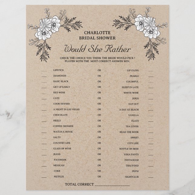 Rustic Kraft Would She Rather Bridal Shower Game Flyer (Front)