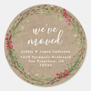 Rustic Kraft Wreath We’ve Moved Address Classic Round Sticker