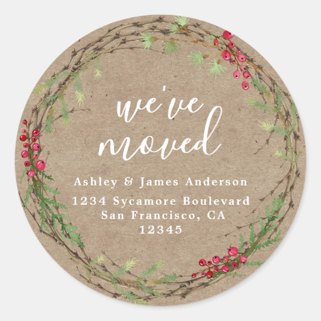 Rustic Kraft Wreath We’ve Moved Address Classic Round Sticker (Front)