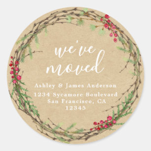 Rustic Kraft Wreath We’ve Moved Address Classic Round Sticker