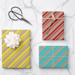 Rustic Kraft Yellow Red Turquoise Candy Stripes Wrapping Paper Sheet