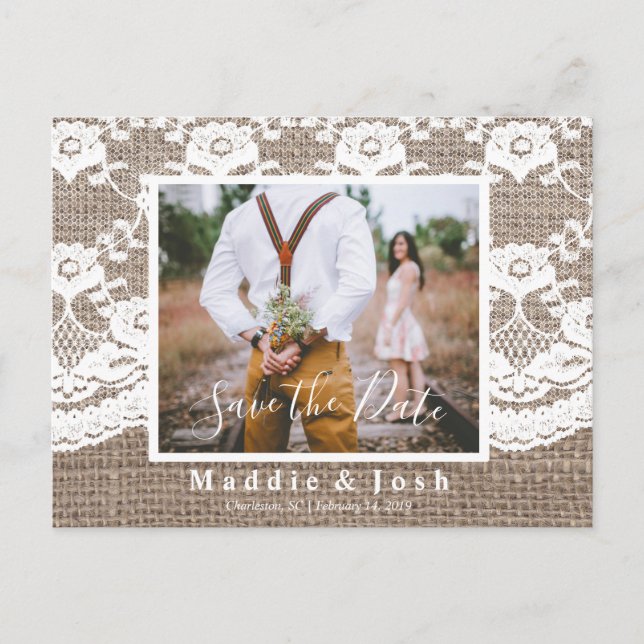 Rustic l Burlap and Lace Save the Date Postcard (Front)