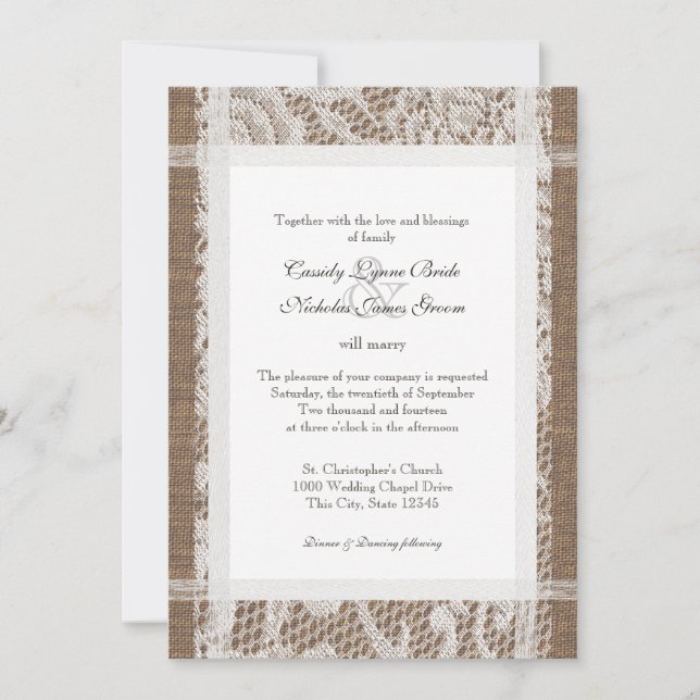 Rustic Lace and Burlap 7x5 Wedding Invitation (Front)