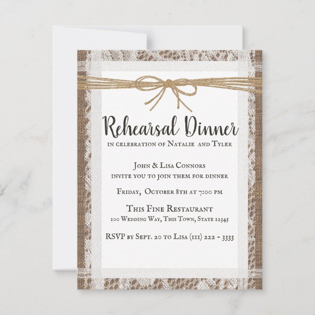 Rustic Lace and Burlap Rehearsal Dinner Invitation (Front)