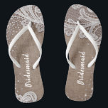Rustic lace and burlap silver glitter bridesmaid flip flops<br><div class="desc">Elegant white vintage lace and sparkle silver glitter on rustic burlap background. great bridesmaid gifts for rustic wedding,  barn wedding and country wedding.
See all the matching pieces in collection.</div>