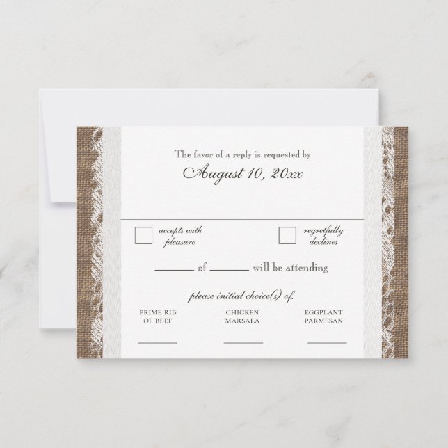 Rustic Lace and Burlap Wedding RSVP Dinner Select (Front)