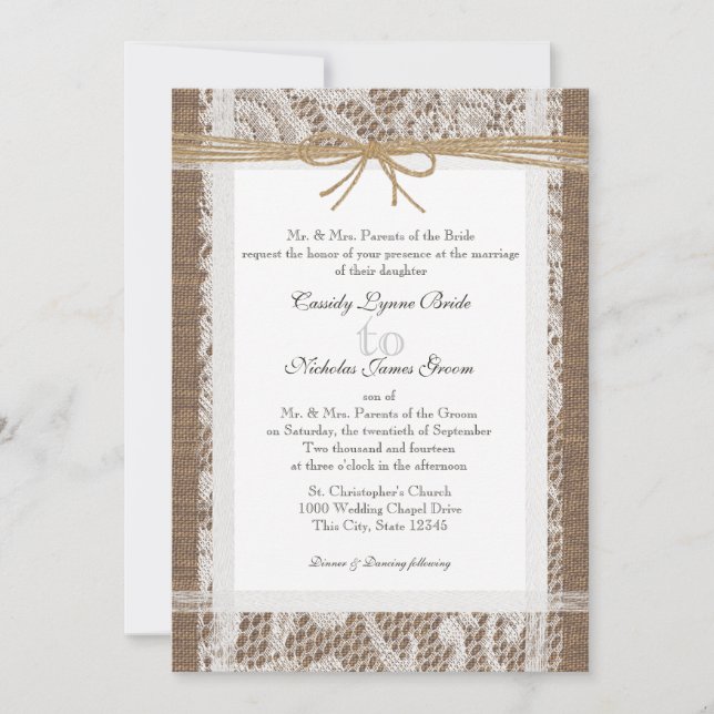 Rustic Lace and Jute Twine Wedding Invitation (Front)