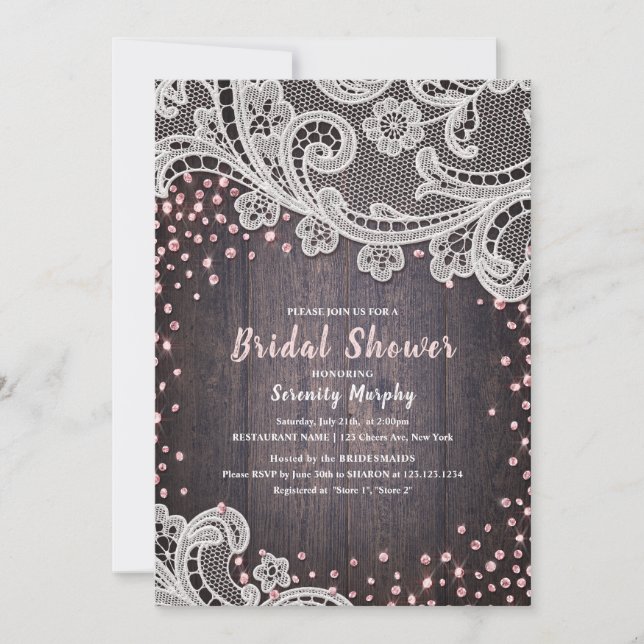 Rustic lace and wood blush glitter bridal shower invitation (Front)