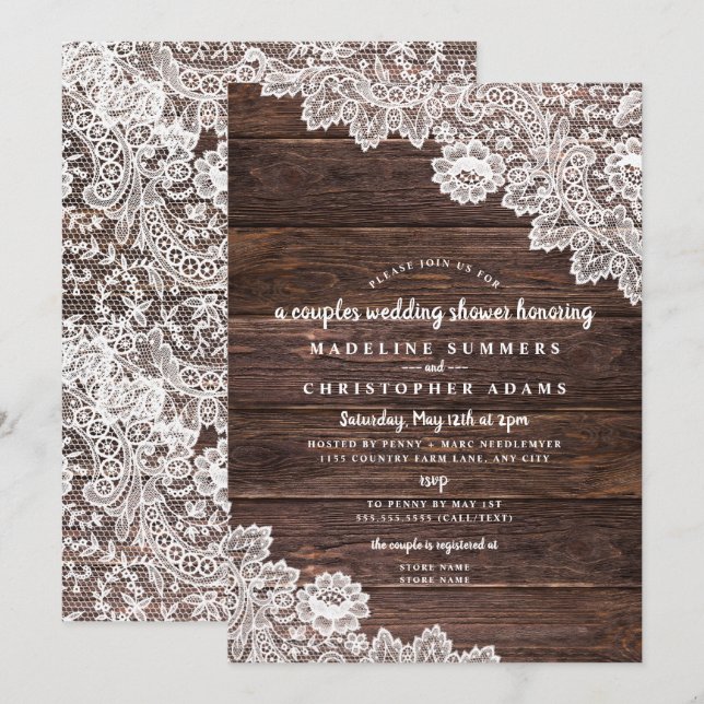 Rustic Lace and Wood couples wedding shower Invitation (Front/Back)