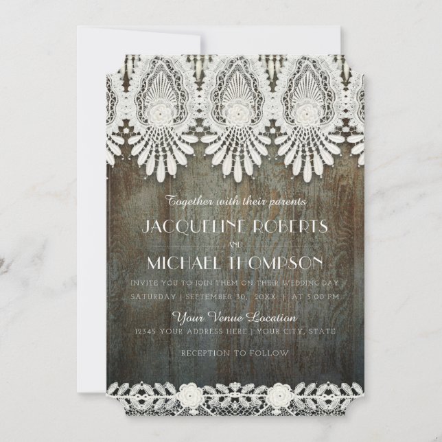 Rustic Lace Barn Wood Country Victorian Farm Barn Invitation (Front)