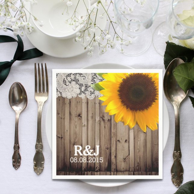 rustic lace barn wood sunflower country wedding napkin (rustic lace barn wood sunflower country wedding napkins)