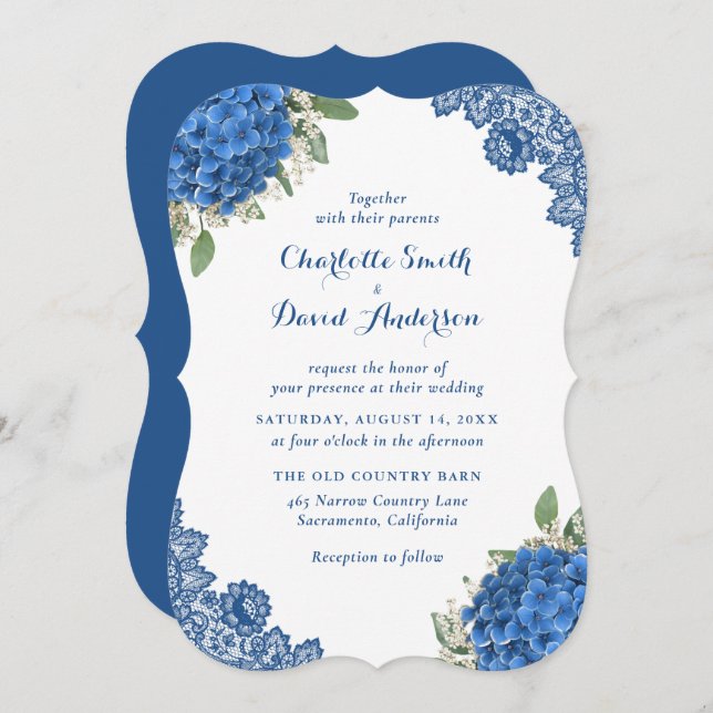 Rustic Lace Blue Hydrangea Wedding Invitations (Front/Back)