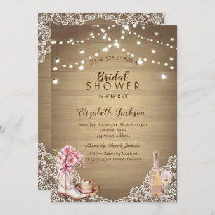 Rustic,Lace,Booots Flowers Wood Bridal Shower Invitation