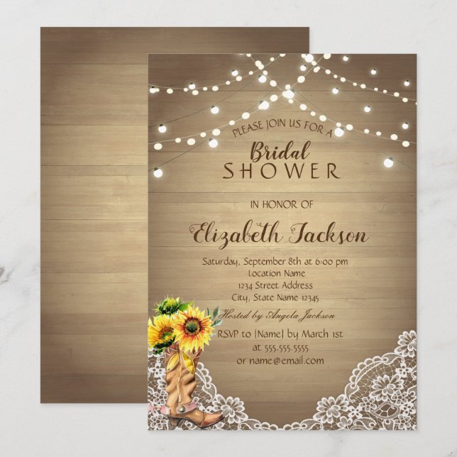 Rustic,Lace,Booots Sunflower Wood Bridal Shower Invitation (Front/Back)