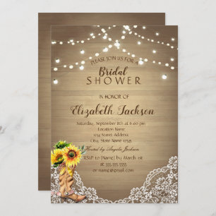 Rustic,Lace,Booots Sunflower Wood Bridal Shower Invitation