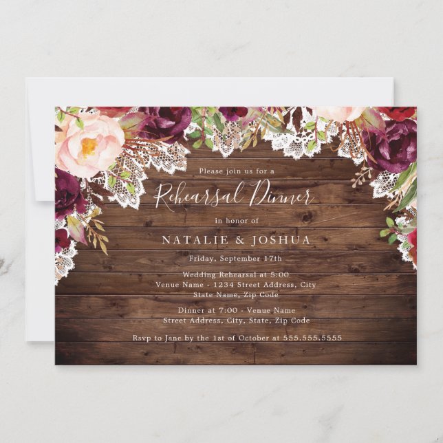 Rustic Lace Burgundy Floral Rehearsal Dinner Invitation (Front)