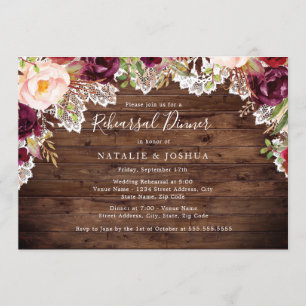 Rustic Lace Burgundy Floral Rehearsal Dinner Invitation