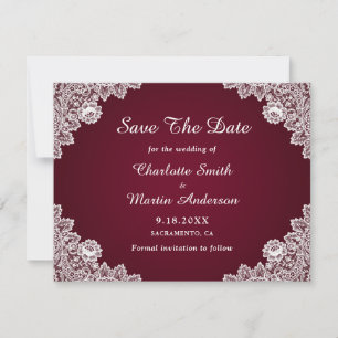 Rustic Lace Burgundy Wedding Save The Date Cards