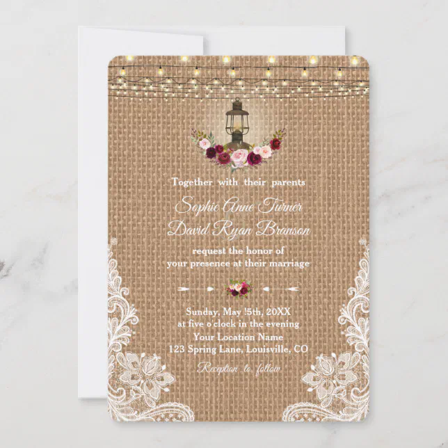 Rustic Lace Burlap Lantern String Lights Wedding Invitation | Zazzle
