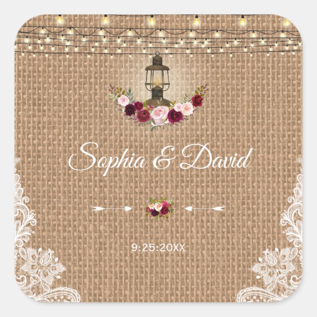 Rustic Lace Burlap Lantern String Lights Wedding Square Sticker (Front)