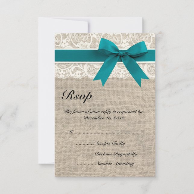 Rustic Lace Burlap Look RSVP Card Turquoise (Front)