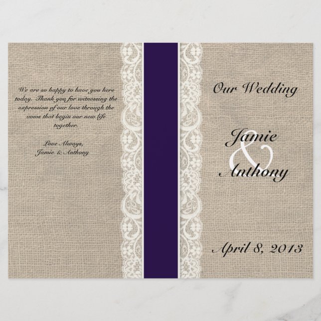 Rustic Lace & Burlap Navy Ribbon Wedding Program (Front)