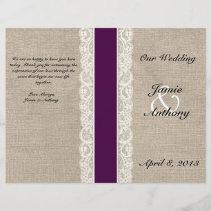Rustic Lace & Burlap Plum Ribbon Wedding Program