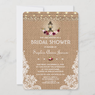 Rustic Lace Burlap String Lights Bridal Shower Invitation