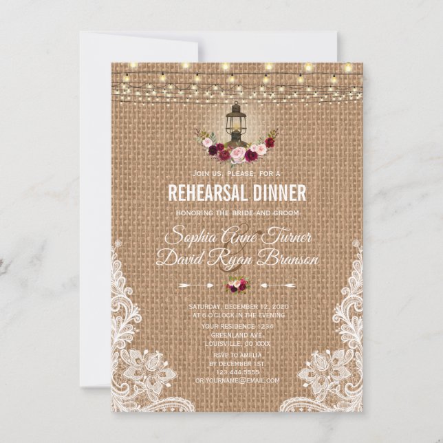 Rustic Lace Burlap String Lights Rehearsal  Dinner Invitation (Front)