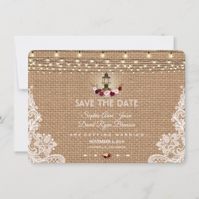 Rustic Lace Burlap String Lights Save The Date (Front)