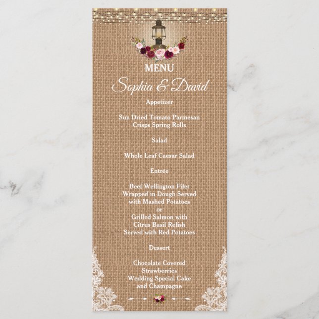 Rustic Lace Burlap String Lights Wedding Menu (Front)