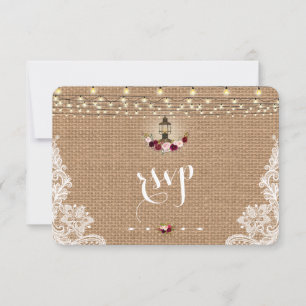 Rustic Lace Burlap String Lights Wedding RSVP Card