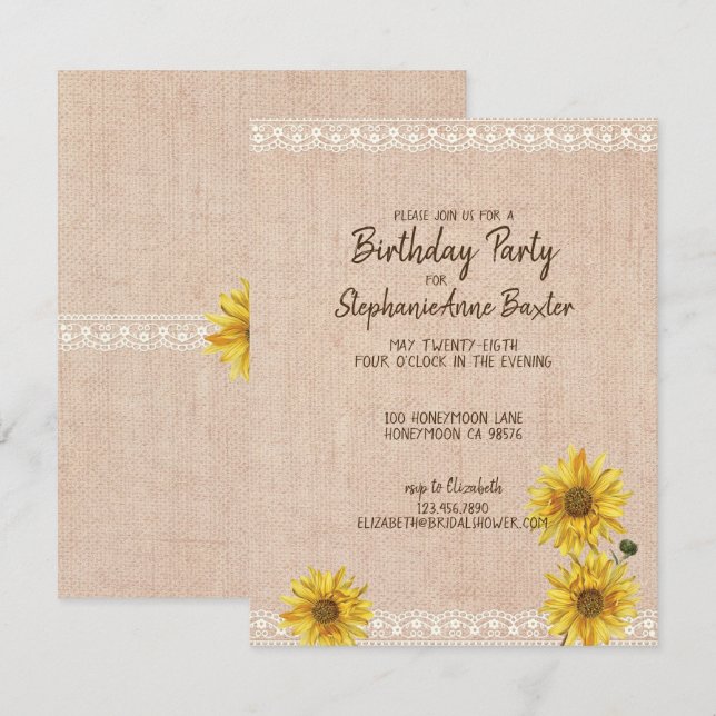 Rustic Lace & Burlap Sunflowers Birthday Invitaito Invitation (Front/Back)