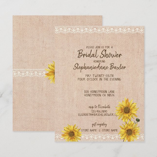 Rustic Lace & Burlap Sunflowers Bridal Shower Card (Front/Back)