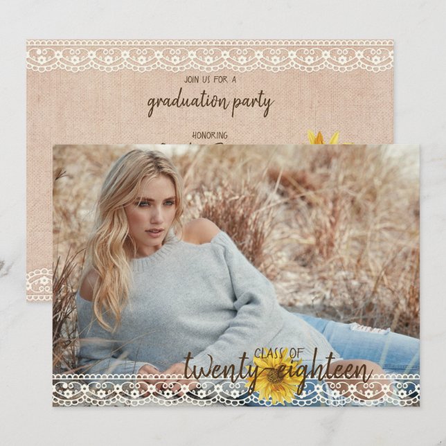 Rustic Lace & Burlap Sunflowers Graduation Card (Front/Back)
