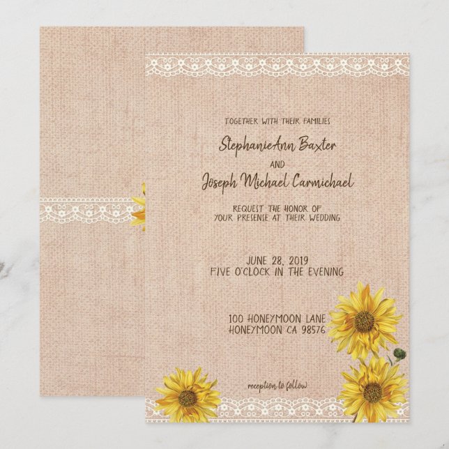 Rustic Lace & Burlap Sunflowers Wedding Card (Front/Back)