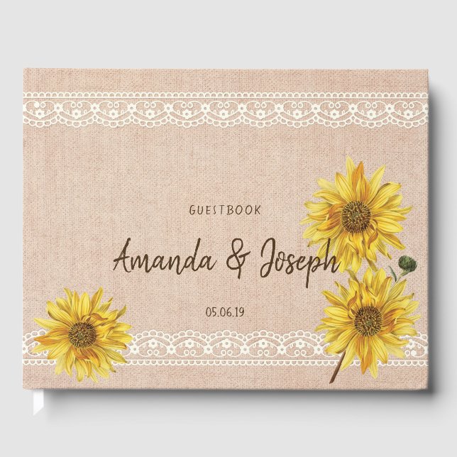 Rustic Lace & Burlap Sunflowers Wedding Guestbook (Front)
