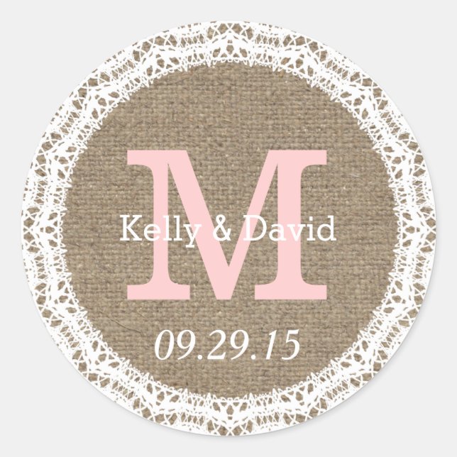 Rustic Lace & Burlap Wedding Favour Stickers (Front)