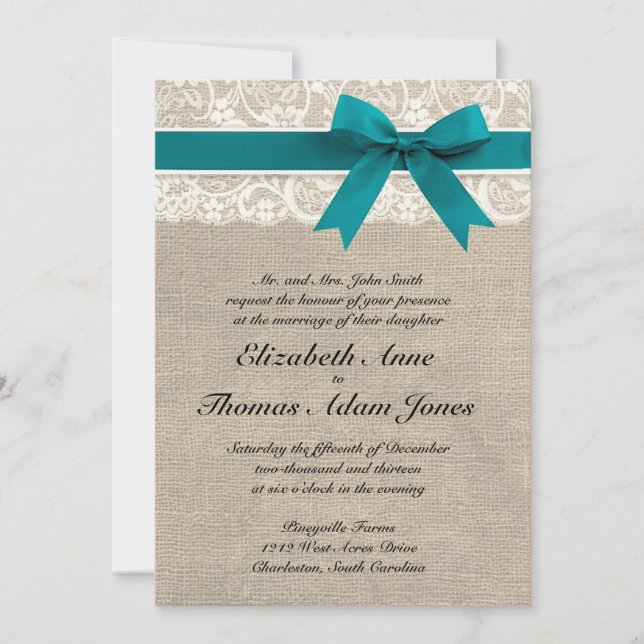 Rustic Lace Burlap Wedding Invitation Turquoise (Front)