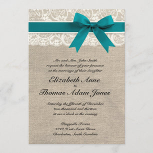 Rustic Lace Burlap Wedding Invitation Turquoise