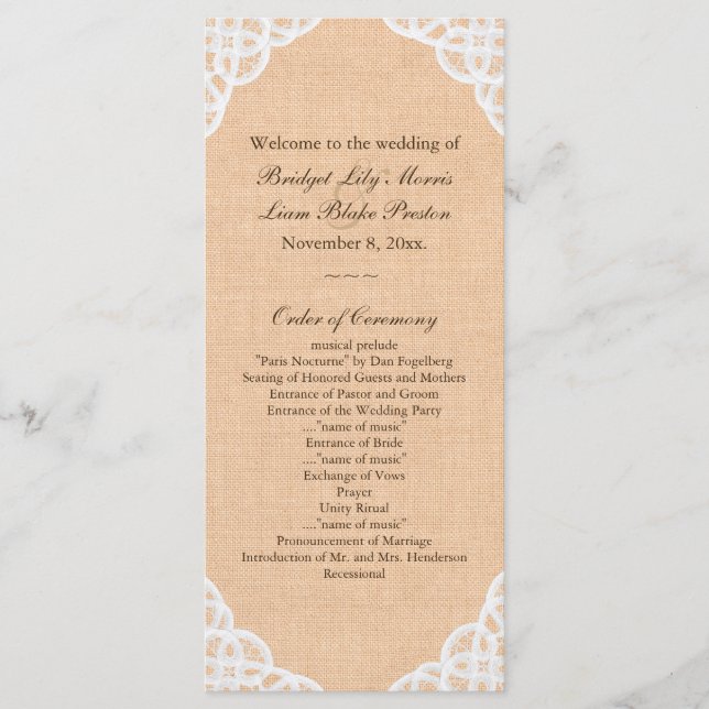 Rustic Lace & Burlap Wedding Program Programme (Front)