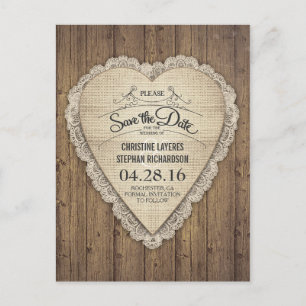 rustic lace burlap wood heart save the date announcement postcard