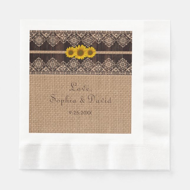 Rustic Lace Burlap Wood Wedding Napkin (Front)