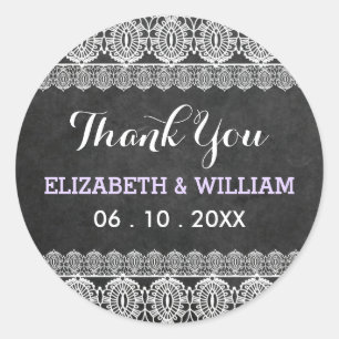 Rustic Lace & Chalkboard Wedding Thank You Purple Classic Round Sticker